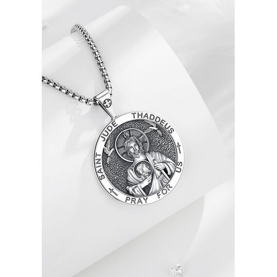 EUDORA Harmony Ball Heiliger Judas Thaddäus Kette Medaille für Damen Herren Sterling Silber 925, Vintage Heiliger Judas Thaddäus Amulett Anhänger Christlicher Schmuck Geschenke für Männer Frauen,61CM