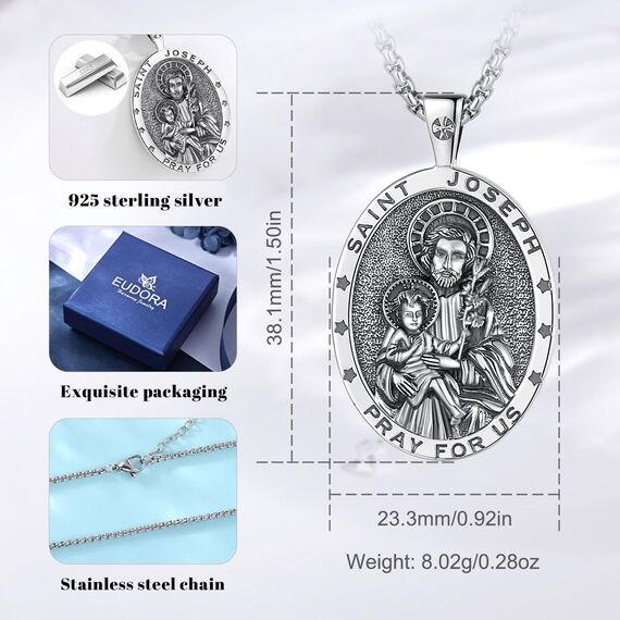 EUDORA Harmony Ball Heilige Joseph Kette Medaille für Damen Herren Sterling Silber 925, Heilige ST Joseph Halskette Anhänger Christlicher Schmuck Vatertag Geschenke für Vater Ehemann, 55CM + 61CM