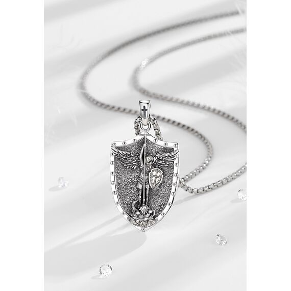 EUDORA Erzengel Michael Kette Medaille für Damen Herren Sterling Silber 925, Heilige Erzengel Michael Halskette Anhänger Christlicher Amulett Runen Christ Schmuck Geschenk für Frauen Männer,55CM