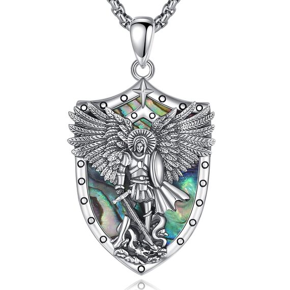 AEONSLOVE Erzengel Michael Anhänger Silber 925 für Damen Herren Heiliger Michael Medaille Kette Saint Michael Archangel Amulett Halskette Abalone-Muschel Katholische Schmuck Religiöse Geschenk