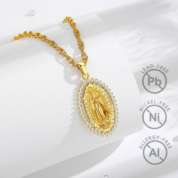 EUDORA Harmony Ball Gold Kette Heilige Maria Jungfrau von Guadalupe Medaille Sterling Silber S925 Jungfrau Maria Halskette Our Lady of Guadalupe Anhänger Schmuck, Geschenk für Frauen Herren, 22"