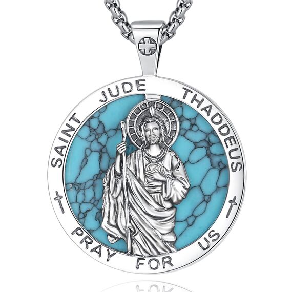EUDORA Heiliger Judas Thaddäus mit Türkis Kette Medaille für Damen Herren Sterling Silber 925, Heiliger Judas Thaddäus Amulett Anhänger Christlicher Schmuck Geschenke für Frauen Männer, 22"