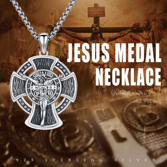 XIXLES St. Benedikt Kruzifix Halskette Sterling Silber Kruzifix Halskette Männer Saint Benedict Medaille Anhänger Schutz Schmuck religiöse Geschenke