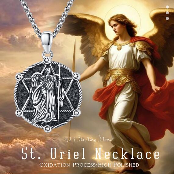XIXLES Saint Uriel Halskette 925 Sterling Silber Erzengel St Uriel Anhänger Halskette Saint Uriel Medaille Schutz Amulett Halskette Christentum Schmuck Geschenke für Damen Herren