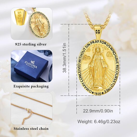 EUDORA Harmony Ball Kette Heilige Maria Wundertätige Wunderbare Medaille für Damen Herren 18K Vergoldetes Sterling Silber,Jungfrau Maria Halskette Anhänger Schmuck, Geschenk für Frauen Herren, 22"