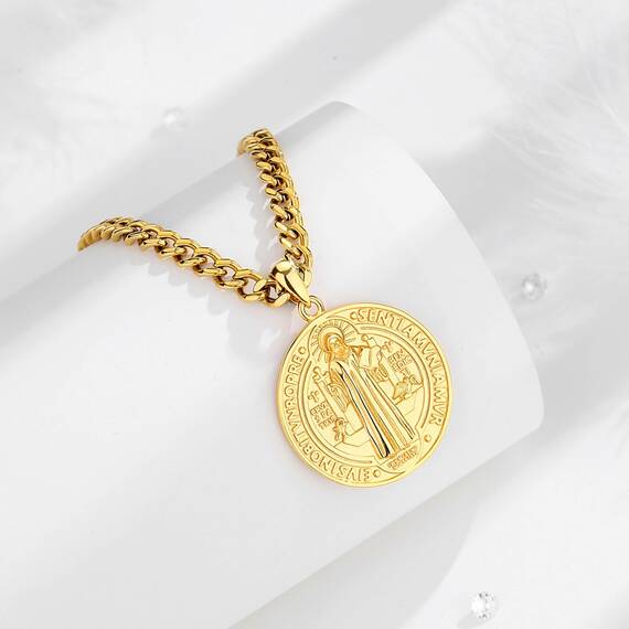 AEONSLOVE Heiliger Benedikt Halskette Silber 925 für Herren Damen Benedikt Kreuz Anhänger Benedikt Medaille Christliche Katholische Schmuck Religious Protector Talisman Kette (Goldene)