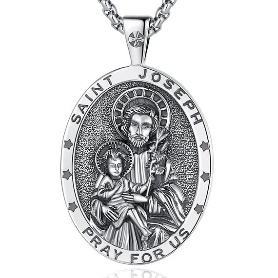 EUDORA Harmony Ball Heilige Joseph Kette Medaille für Damen Herren Sterling Silber 925, Heilige ST Joseph Halskette Anhänger Christlicher Schmuck Vatertag Geschenke für Vater Ehemann, 55CM + 61CM