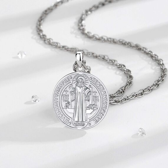 AEONSLOVE Heiliger Benedikt Halskette Silber 925 für Herren Damen Benedikt Kreuz Anhänger Benedikt Medaille Christliche Katholische Schmuck Religious Protector Talisman Kette (Weiße)