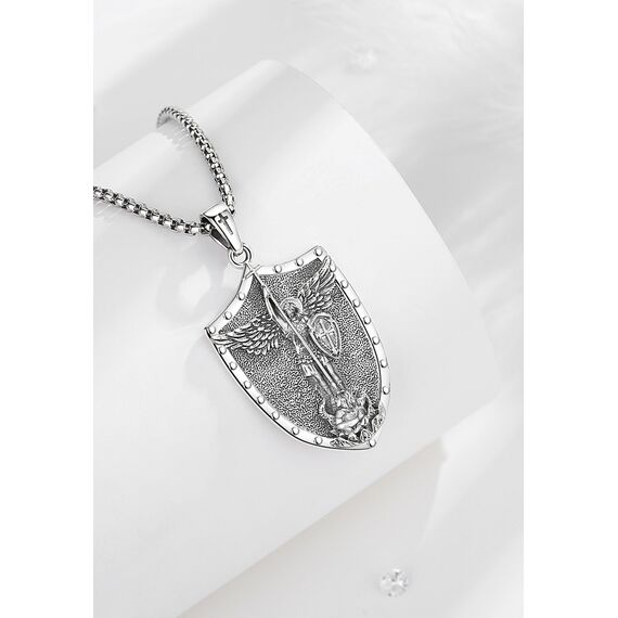 EUDORA Erzengel Michael Kette Medaille für Damen Herren Sterling Silber 925, Heilige Erzengel Michael Halskette Anhänger Christlicher Amulett Runen Christ Schmuck Geschenk für Frauen Männer,55CM