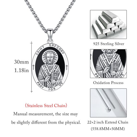 XIXLES St Gregory Halskette Sterling Silber Saint Gregory Medal Halsketten Obsidian St. Gregory the Great Anhänger Halskette Amulett Schmuck religiöse Geschenke für Männer
