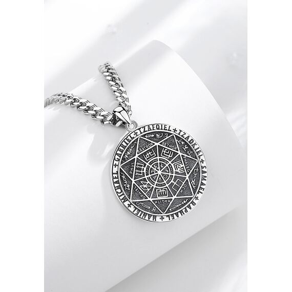 AEONSLOVE Siegel der Sieben Erzengel Halskette Silber 925 für Herren Damen 7 Erzengel Talisman Medaille Pentagramm Schutzamulett Religiöse Schmuck, 55,8 + 5cm Kette