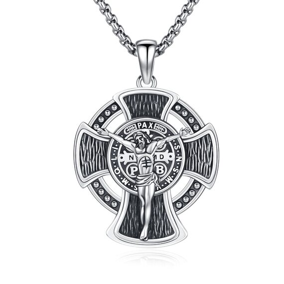 XIXLES St. Benedikt Kruzifix Halskette Sterling Silber Kruzifix Halskette Männer Saint Benedict Medaille Anhänger Schutz Schmuck religiöse Geschenke