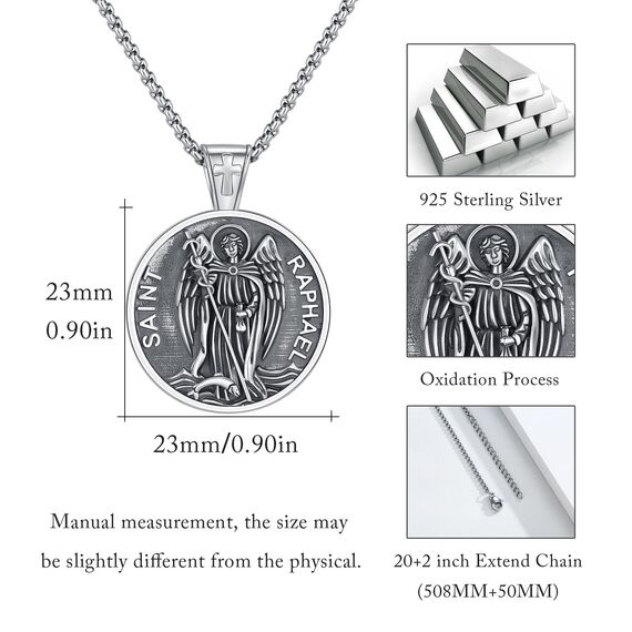 XIXLES Heilige Raphael Halskette 925 Sterling Silber des Erzengels Raphael Medaille Anhänger Halskette Siegel Christliches Amulett Religiöses Katholische Münze Medaillon Schmuck für Damen Herren