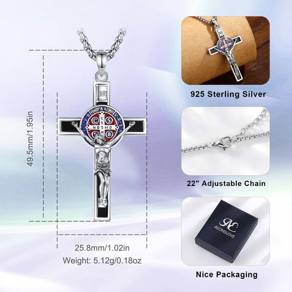AEONSLOVE Kreuz Kette Silber 925 Kreuzkette Silber Herren Damen Jesus Kruzifix Halskette Benedikt Kreuz Anhänger Heilige Benedikt Medaille Christlicher Schmuck Katholischer Geschenke