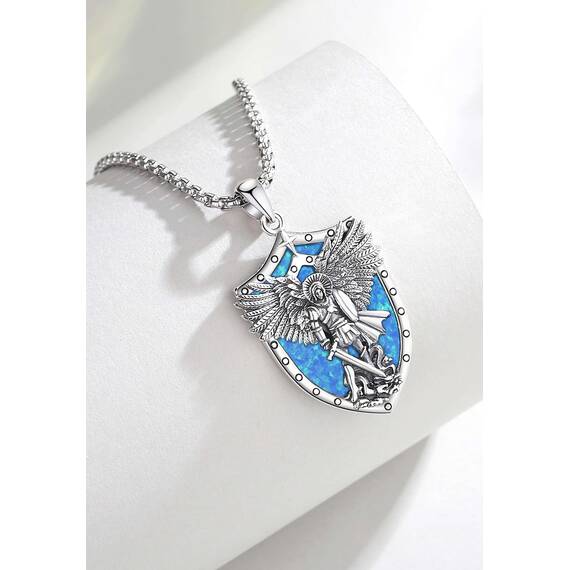 AEONSLOVE Erzengel Michael Halskette Silber 925 für Damen Herren Heiliger Michael Medaille Anhänger Opal Saint Michael Archangel Amulett Kette Katholische Schmuck Religiöse Geschenk