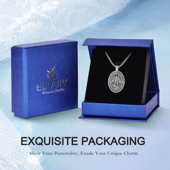 EUDORA Harmony Ball ST. Michael Kette Medaille für Damen Herren Sterling Silber 925, Heilige Erzengel Michael Halskette Anhänger Christlicher Katholisch Schmuck Geschenke für Frauen,61CM+ 51CM