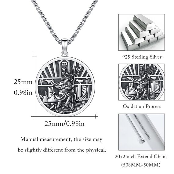 XIXLES St Christopherus Medaille für Männer Frauen Saint Christopherus Anhänger Halskette 925 Sterling Silber Rund Katholisches Amulett Beschütze uns Schmuck Geschenke,22+2 Zoll Verlängerung