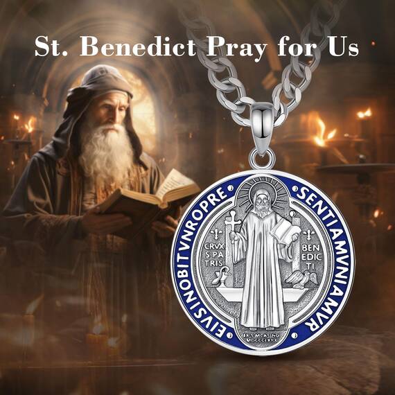 AEONSLOVE Heiliger Benedikt Kette Silber 925 für Herren Damen Heiliger Benedikt Anhänger Silber Benedikt Kreuz Medaille Religiöse Halskette Christliche Katholische Schmuck (Blaue)