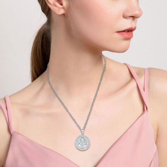 AEONSLOVE Heiliger Benedikt Halskette Silber 925 für Herren Damen Benedikt Kreuz Anhänger Benedikt Medaille Christliche Katholische Schmuck Religious Protector Talisman Kette (Weiße)