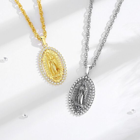 EUDORA Harmony Ball Gold Kette Heilige Maria Jungfrau von Guadalupe Medaille Sterling Silber S925 Jungfrau Maria Halskette Our Lady of Guadalupe Anhänger Schmuck, Geschenk für Frauen Herren, 22"