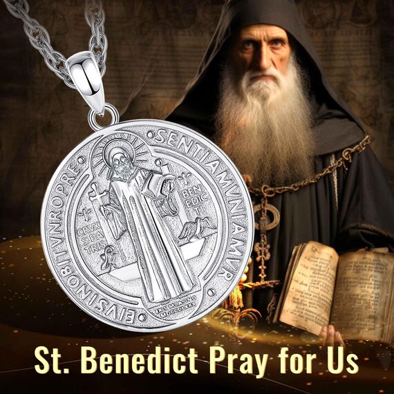 AEONSLOVE Heiliger Benedikt Halskette Silber 925 für Herren Damen Benedikt Kreuz Anhänger Benedikt Medaille Christliche Katholische Schmuck Religious Protector Talisman Kette (Weiße)