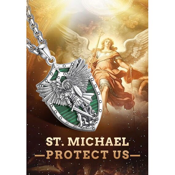 AEONSLOVE Erzengel Michael Kette Silber 925 für Damen Herren ST Michael Medaillon Anhänger Saint Michael Archangel Amulett Halskette Malachit Katholische Schmuck Religiöse Geschenk