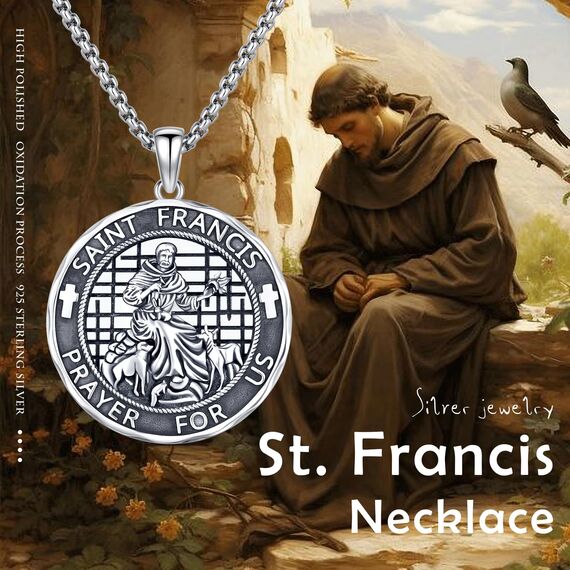 XIXLES Saint Francis Halskette 925 Sterling Silber St. Francis Assisi Anhänger Halskette Patron Saint Francis Medaille Halskette Schutz Schmuck religiöse Geschenke