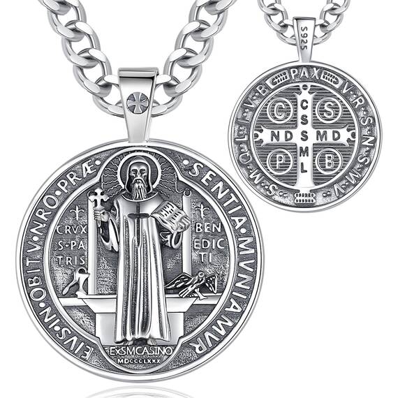 EUDORA Harmony Ball Kette Heiliger Benedikt Medaille für Damen Herren Sterling Silber S925, Hl. Benedikt Medaillon Halskette Anhänger Amulett Schmuck Religion Geschenk für Herren Frauen, 22"+2"