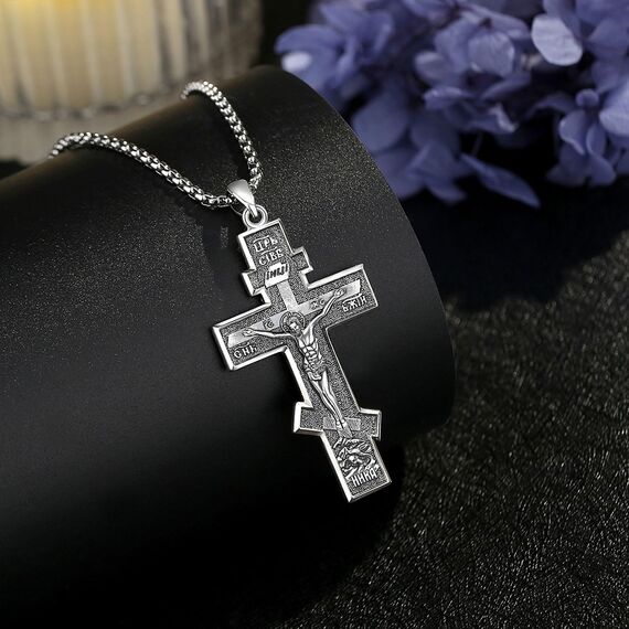 EUDORA Harmony Ball Kreuz Kette für Damen Herren Sterling Silber S925 Orthodox, Vintage Kruzifix Halskette Jesus Kreuz Anhänger Glaube Schmuck Christlicher Geschenk für Herren Frauen Vater, 22"+2"