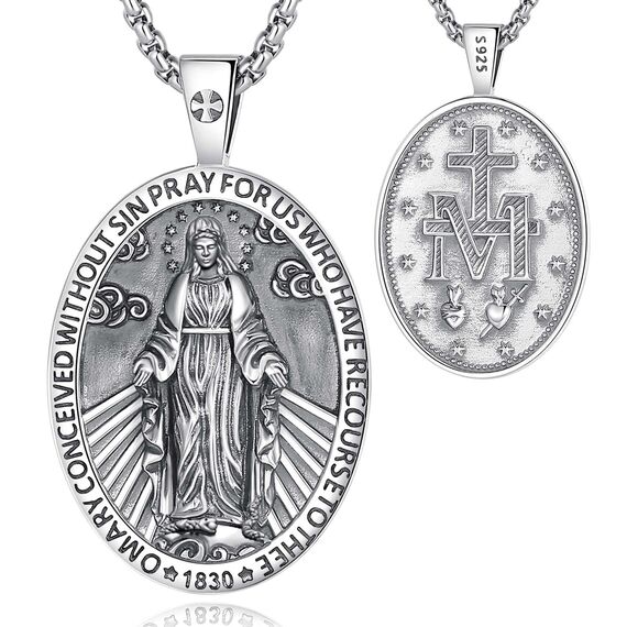 EUDORA Harmony Ball Kette Heilige Maria Wundertätige Medaille für Damen Herren Sterling Silber S925, Wunderbare Medaille Jungfrau Maria Halskette Anhänger Schmuck, Geschenk für Frauen Herren, 22"