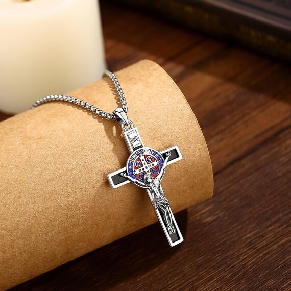 AEONSLOVE Kreuz Kette Silber 925 Kreuzkette Silber Herren Damen Jesus Kruzifix Halskette Benedikt Kreuz Anhänger Heilige Benedikt Medaille Christlicher Schmuck Katholischer Geschenke