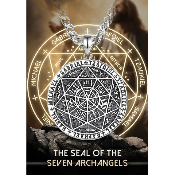 AEONSLOVE Siegel der Sieben Erzengel Halskette Silber 925 für Herren Damen 7 Erzengel Talisman Medaille Pentagramm Schutzamulett Religiöse Schmuck, 55,8 + 5cm Kette