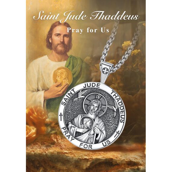 EUDORA Harmony Ball Heiliger Judas Thaddäus Kette Medaille für Damen Herren Sterling Silber 925, Vintage Heiliger Judas Thaddäus Amulett Anhänger Christlicher Schmuck Geschenke für Männer Frauen,61CM