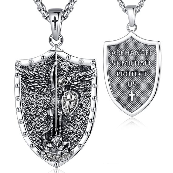 EUDORA Erzengel Michael Kette Medaille für Damen Herren Sterling Silber 925, Heilige Erzengel Michael Halskette Anhänger Christlicher Amulett Runen Christ Schmuck Geschenk für Frauen Männer,55CM
