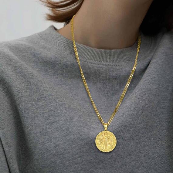 AEONSLOVE Heiliger Benedikt Halskette Silber 925 für Herren Damen Benedikt Kreuz Anhänger Benedikt Medaille Christliche Katholische Schmuck Religious Protector Talisman Kette (Goldene)