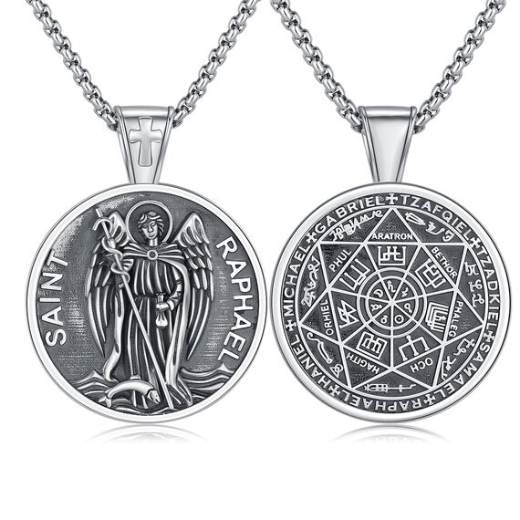 XIXLES Heilige Raphael Halskette 925 Sterling Silber des Erzengels Raphael Medaille Anhänger Halskette Siegel Christliches Amulett Religiöses Katholische Münze Medaillon Schmuck für Damen Herren