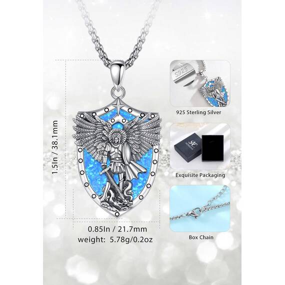 AEONSLOVE Erzengel Michael Halskette Silber 925 für Damen Herren Heiliger Michael Medaille Anhänger Opal Saint Michael Archangel Amulett Kette Katholische Schmuck Religiöse Geschenk