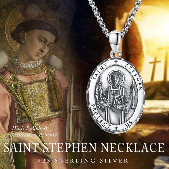 XIXLES St Stephen Halsketten 925 Sterling Silber Saint Stephen Anhänger Medaille Amulett Halskette Schmuck Geschenk für Männer Frauen