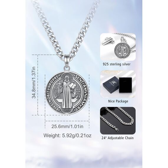 AEONSLOVE Heiliger Benedikt Halskette Silber 925 für Herren Damen Benedikt Kreuz Anhänger Benedikt Medaille Christliche Katholische Schmuck Religious Protector Talisman Kette