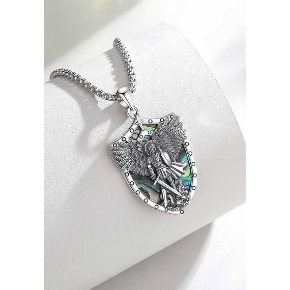 AEONSLOVE Erzengel Michael Anhänger Silber 925 für Damen Herren Heiliger Michael Medaille Kette Saint Michael Archangel Amulett Halskette Abalone-Muschel Katholische Schmuck Religiöse Geschenk