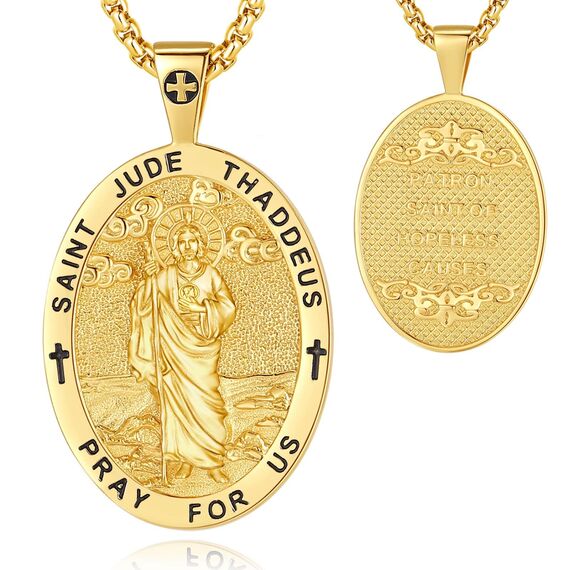 EUDORA Harmony Ball Gold Heiliger Judas Thaddäus Kette Medaille für Damen Herren Sterling Silber 925, Heiliger Judas Thaddäus Amulett Anhänger Christlicher Schmuck Geschenke für Frauen Männer,55CM