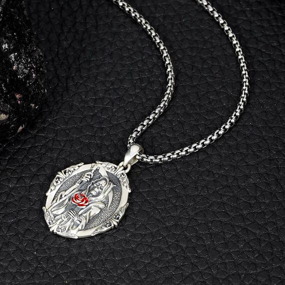 XIXLES Santa Muerte Halskette 925er Sterlingsilber Santa Muerte Anhänger Grim Reaper Kette Holy Death Medaillon Schutz Talisman Sensenmann Religiöse Schmuck für Herren