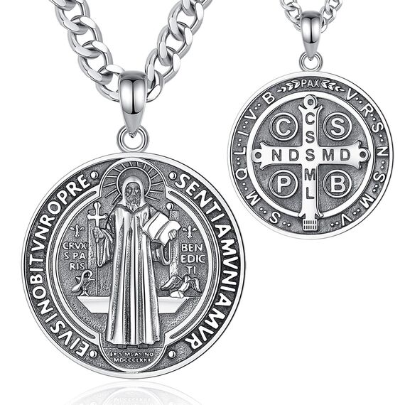 AEONSLOVE Heiliger Benedikt Halskette Silber 925 für Herren Damen Benedikt Kreuz Anhänger Benedikt Medaille Christliche Katholische Schmuck Religious Protector Talisman Kette