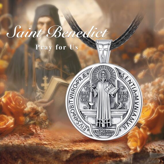 EUDORA Harmony Ball Kette Heiliger Benedikt Medaille für Damen Herren Sterling Silber S925, Hl. Benedikt Medaillon Halskette Anhänger Amulett Schmuck Religion Geschenk für Herren Frauen, 20"+24"