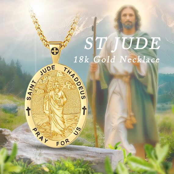 EUDORA Harmony Ball Gold Heiliger Judas Thaddäus Kette Medaille für Damen Herren Sterling Silber 925, Heiliger Judas Thaddäus Amulett Anhänger Christlicher Schmuck Geschenke für Frauen Männer,55CM