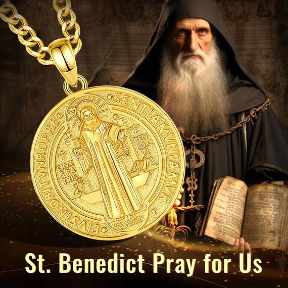 AEONSLOVE Heiliger Benedikt Halskette Silber 925 für Herren Damen Benedikt Kreuz Anhänger Benedikt Medaille Christliche Katholische Schmuck Religious Protector Talisman Kette (Goldene)