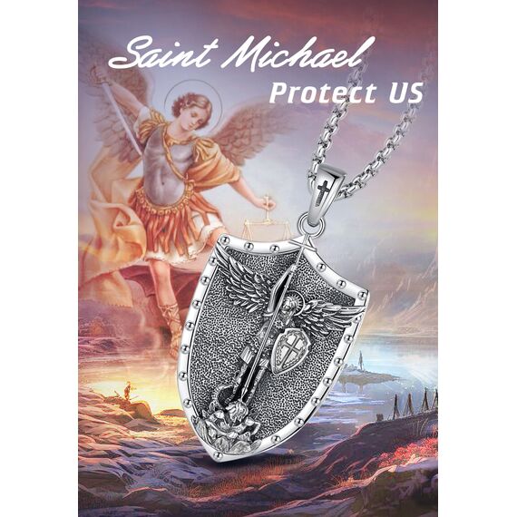 EUDORA Erzengel Michael Kette Medaille für Damen Herren Sterling Silber 925, Heilige Erzengel Michael Halskette Anhänger Christlicher Amulett Runen Christ Schmuck Geschenk für Frauen Männer,55CM