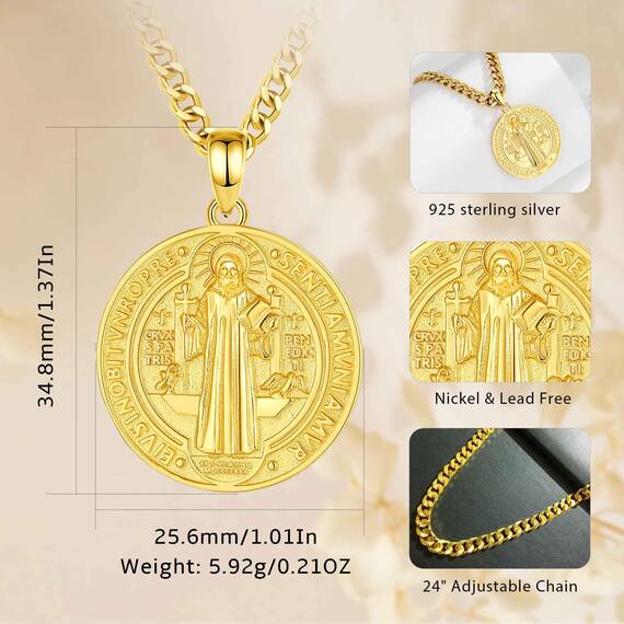 AEONSLOVE Heiliger Benedikt Halskette Silber 925 für Herren Damen Benedikt Kreuz Anhänger Benedikt Medaille Christliche Katholische Schmuck Religious Protector Talisman Kette (Goldene)
