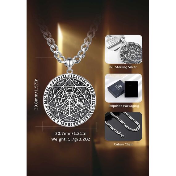 AEONSLOVE Siegel der Sieben Erzengel Halskette Silber 925 für Herren Damen 7 Erzengel Talisman Medaille Pentagramm Schutzamulett Religiöse Schmuck, 55,8 + 5cm Kette