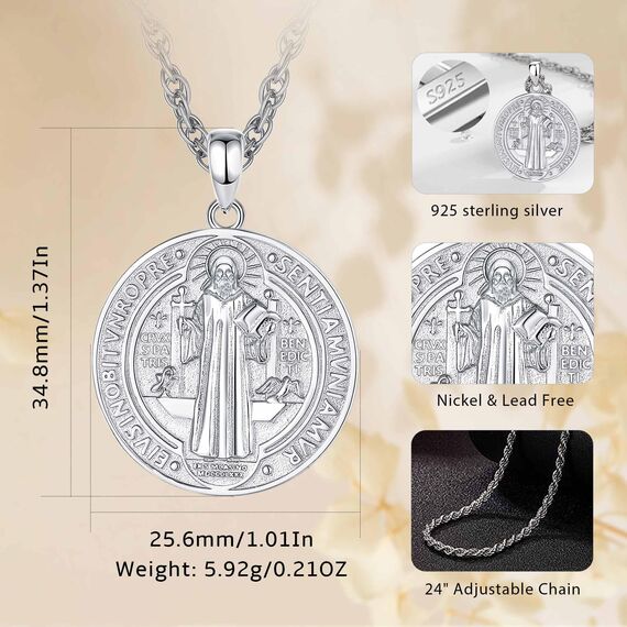 AEONSLOVE Heiliger Benedikt Halskette Silber 925 für Herren Damen Benedikt Kreuz Anhänger Benedikt Medaille Christliche Katholische Schmuck Religious Protector Talisman Kette (Weiße)